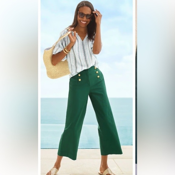 Talbots Pants - Talbots Green Cotton Slub Sailor Crop Pants Nautical Wide Leg Size 14 Vacation